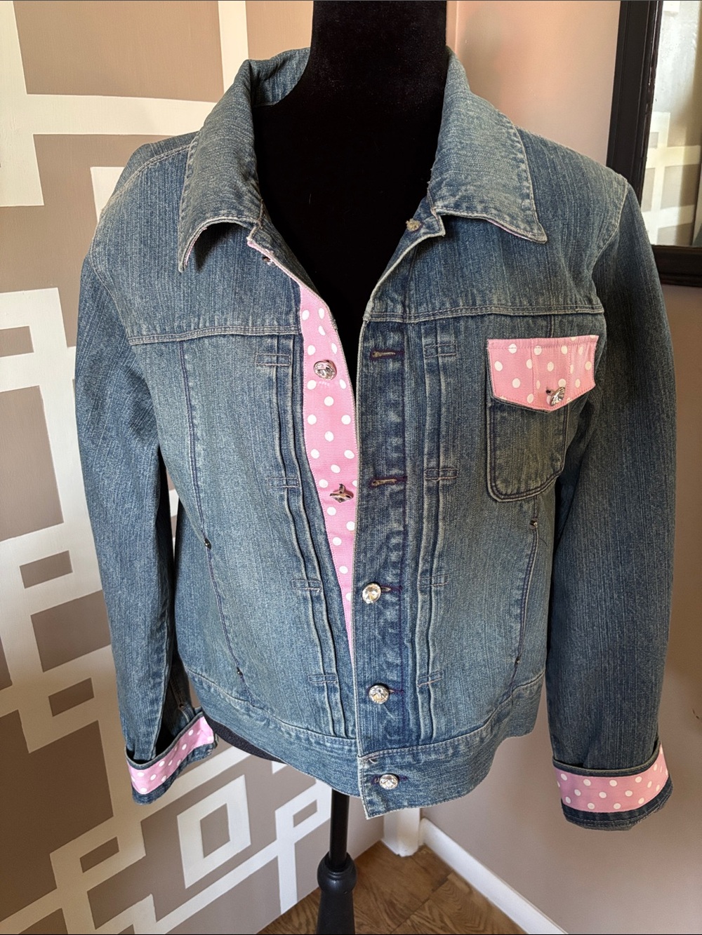 Tie One On NY Pink Polka Dot Ribbon Trim Denim Jacket NWOT Women’s Sz XL